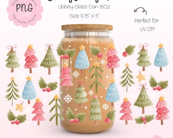Weihnachtsbaum Libbey Glasdosenverpackung PNG | 16 Unzen niedliche rosa blau grün Urlaub Bäume Schneeflocken festliche Winter Wrap | UV DTF Wrap