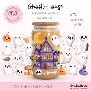 Ghost House Libbey Glass Can Wrap PNG | 16oz Haunted House Ghost Pumpkin Skull Bone Star Cute Spooky Wrap | Halloween UV DTF Wrap