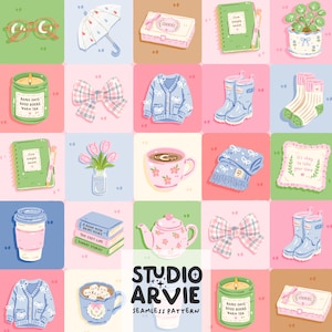 Lindo y acogedor patrón sin costuras, papel digital para día lluvioso, patrón cottagecore, fondo hygge, PNG SVG rosa, azul y verde, diseño para álbum de recortes