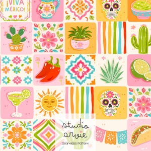 May include: A vibrant, seamless pattern with Mexican motifs. The design incorporates illustrations of cacti, sugar skulls, chillies, margaritas, and the text "¡VIVA MÉXICO!" in a grid. The Studio Arvie logo is also visible in the design.