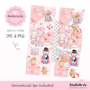 May include: Pink bookmark design featuring a festive Nutcracker theme. The design includes illustrations of a mouse king, nutcrackers, a ballerina, and a gingerbread man. The bookmark measures 2.5 x 7 inches.