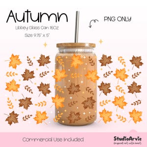 Herbst Blätter Libbey Glass Can Wrap PNG | 16 Unzen Herbst Ahorn Blätter braun orange rustikale Herbst Tumbler Wrap | Gemütliche Herbstsaison UV DTF Wrap