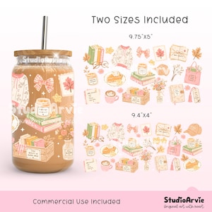 May include: A glass tumbler with a bamboo lid and metal straw, featuring a wrap-around design of cozy autumn illustrations including books, candles, sweaters, and coffee. Two digital file sizes are shown: 9.75 inches by 5 inches and 9.4 inches by 4 inches.