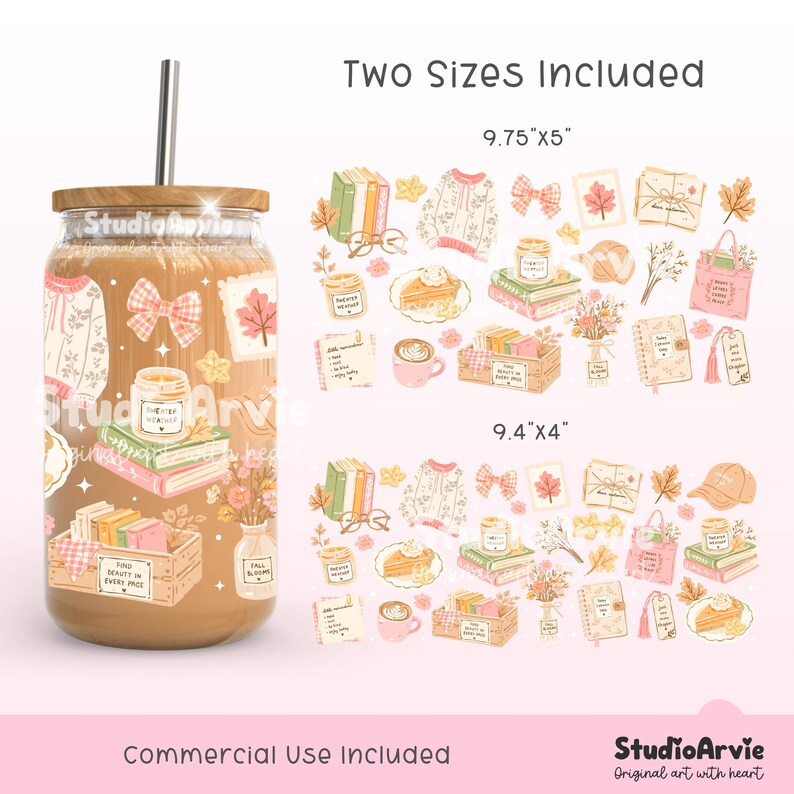 May include: A glass tumbler with a bamboo lid and metal straw, featuring a wrap-around design of cozy autumn illustrations including books, candles, sweaters, and coffee. Two digital file sizes are shown: 9.75 inches by 5 inches and 9.4 inches by 4 inches.