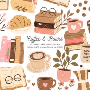 Puede incluir: Ilustración caprichosa con tazas de café, libros, un cruasán y una planta en maceta. Se muestra el texto "Coffee & Books", junto con "Commercial License Includes". La paleta de colores incluye marrón, rosa y blanco.