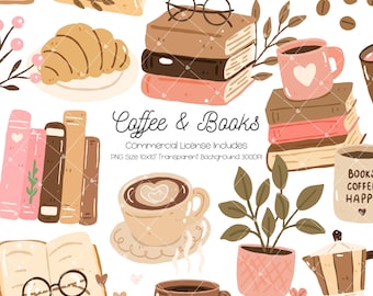 Puede incluir: Ilustración caprichosa con tazas de café, libros, un cruasán y una planta en maceta. Se muestra el texto "Coffee & Books", junto con "Commercial License Includes". La paleta de colores incluye marrón, rosa y blanco.