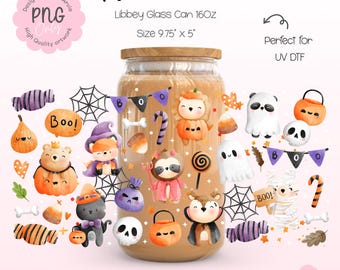 Cute Halloween Libbey Glass Can Wrap PNG | 16oz Animal Costume Ghost Pumpkin Bat Candy Cat Fox Bear Boo Wrap | Spooky Cute UV DTF Wrap