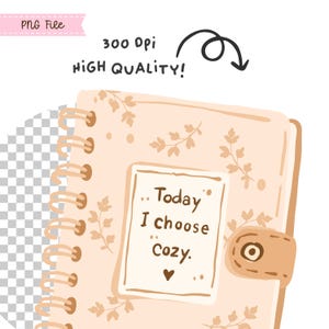 Puede incluir: Un cuaderno de espiral con una cubierta de color beige claro que presenta un delicado patr&oacute;n de hojas marrones. Una etiqueta rectangular en la parte frontal muestra el texto 'Today I choose cozy.' con un peque&ntilde;o coraz&oacute;n. Una correa marr&oacute;n con un broche asegura la cubierta.