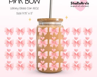 Emballage de boîte de conserve en verre Libbey rose Coquette PNG | Conception esthétique sans couture d'arc Coquette | Joli film pour gobelet pour sublimation UV DTF
