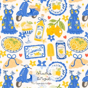 Peut inclure: Motif sans couture avec des éléments d'été italiens. Comprend des robes bleues, des scooters, des citrons, des pâtes, de la glace et des bouteilles de Limoncello. Le motif comprend le texte "Italian Summer" et "Limonata". La palette de couleurs est bleue, jaune et blanche.