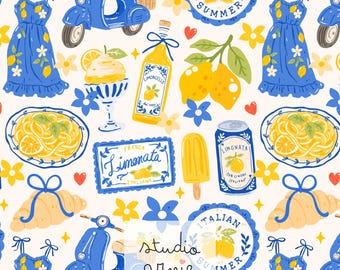 Italian Summer Seamless Pattern, Lemon Seamless Pattern, Yellow Lemon Botanical Design, Lemon Riviera Decor (PNG JPG)