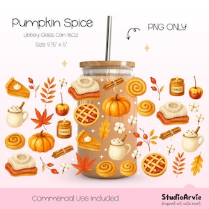 May include: A digital illustration of a pumpkin spice latte in a glass jar with a straw. The jar is surrounded by fall-themed elements, including pumpkins, cinnamon sticks, leaves, pie, and candles. The text "Pumpkin Spice" is at the top of the image, and the text "Libbey Glass Can 160z" and "Size 9.75 x 5" are below the jar. The text "PNG ONLY" is in the upper right corner of the image. The text "Commercial Use Included" is at the bottom of the image. The text "StudioArvie Original art with heart" is in the lower right corner of the image.