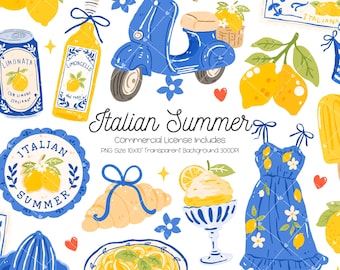 Puede incluir: Ilustración digital con temática de verano italiano. Incluye una vespa azul, limones, botellas de Limoncello, un vestido de verano, helado, pasta y el texto "Italian Summer". El diseño tiene una estética brillante y alegre.
