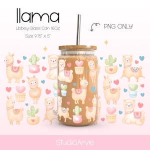 Envoltura de lata de vidrio Libbey con forma de llama PNG / Diseño de vaso de alpaca estilo bohemio, con diseño de cactus kawaii, corazones y pastel desértico / Envoltura linda para sublimación UV DTF