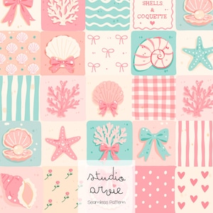 May include: A seamless pattern featuring a grid of squares with illustrations of pink bows, coral, seashells, starfish, and pearls in pastel pink, teal, and white. Text reads SHELLS & COQUETTE and studio arvie Seamless Pattern.