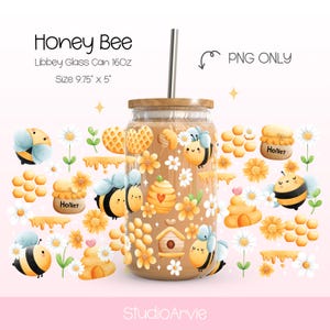 Honey Bee Hive Glass Can Wrap | Cute Bee and Flower PNG for 16oz Libbey Glass | Honeycomb Cup Wrap Sublimation and UV DTF Wrap Design