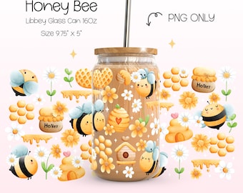 Glasburk med honungsbikupa | Söt bi och blomma PNG för 473 ml Libbey-glas | Sublimering och UV DTF-design för honungsbikupa