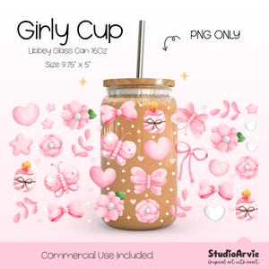 Girly Pink Butterfly Flower Bow Libbey Glass Can Wrap PNG | 16oz Coquette Aesthetic Hearts Cute Feminine Wrap | Sweet Girl UV DTF Wrap