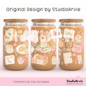 May include: Three clear glass tumblers with wooden lids, each featuring a wrap-around design of autumn-themed illustrations including books, sweaters, coffee mugs, candles, and stationery. The text includes phrases like Sweater Weather and Find Beauty in Every Page.