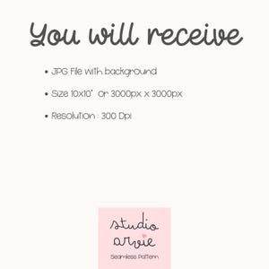 May include: Image with text: "You will receive" followed by details about a JPG file, including size 10x10 inches or 3000px x 3000px, and a resolution of 300 Dpi. The image also includes a logo for "studio arvie" and the words "Seamless Pattern."