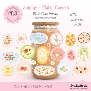 May include: A collection of colorful, oval-shaped designs with floral, fruit, and animal illustrations, perfect for a 16oz cup wrap. The designs include a butterfly, flowers, cherries, and a bunny. The size is 9.75" x 5" & 9.4"x4". The text "Summer Plate Garden" is visible.