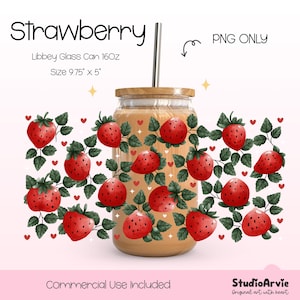 Strawberry Libbey Glass Can Wrap PNG | 16oz Red Berries Fruit Leaves Cute Summer Drink Cup Wrap | Farm Fresh Strawberry UV DTF Wrap