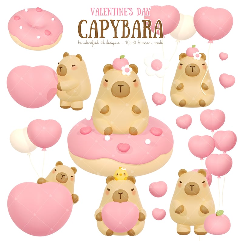3D Valentine's Day Capybara Clipart PNG Cute Capybara Clipart PNG