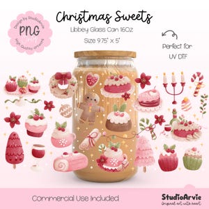 Christmas Sweets Libbey Glass Can Wrap PNG | 16oz Holiday Cakes Cookies Candy Gingerbread Pink Xmas Treats Wrap | UV DTF Wrap