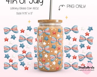 4th of July Bow Libbey Glass Can Wrap PNG Patriotic Girly Independence day Red White Blue Bow Stars American Flag Cup Wrap Tumbler UV DTF