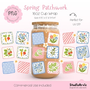 May include: A clear glass cup wrap with a wooden lid, featuring a spring patchwork design. The design includes floral and vegetable illustrations in pastel colors. The text "Spring Patchwork" and "16OZ Cup Wrap" are visible. The size is 9.75" x 5" & 9.4"x4".