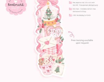 Roze kerstboekenlegger met uitgesneden vorm, Coquette kerstboekenlegger, schattige feestelijke boekenclipart, kerstboom peperkoek digitale download