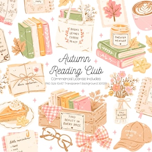 May include: A digital illustration set featuring autumn-themed items including stacks of books, a tote bag with the text BOOKS LEAVES COFFEE PEACE, a candle labeled SWEATER WEATHER, a crate with the text FIND BEAUTY IN EVERY PAGE, and glasses.