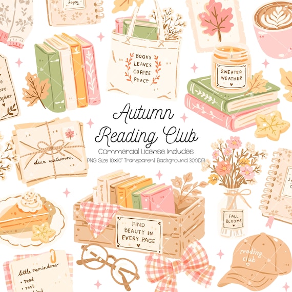 Autumn Reading Club Clipart Bundle, Cozy Fall Book Lover PNG, Watercolor Books, Coffee, Candle, Leaves, Fall Aesthetic