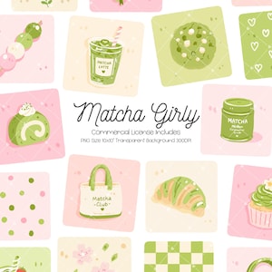 Könnte beinhalten: Eine digitale Sammlung von Matcha-Illustrationen mit einem Latte, einer Biskuitrolle, einer mit Matcha-Club beschrifteten Tragetasche, einem Croissant, einem Cupcake und einer Dose Matcha-Pulver, inklusive dem Text Matcha Girly, Commercial License.
