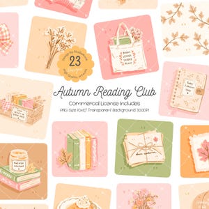 Op de afbeelding: Een digitale collectie van 23 Autumn Reading Club illustraties met boeken, draagtassen, kaarsen en herfstbladeren in zachte pasteltinten. De tekst luidt Autumn Reading Club, Commercial License Includes en PNG Size 10x10 Transparent Background 300DPI.