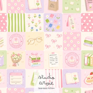 May include: A seamless pattern featuring a grid of squares with illustrations of books, daisies, reading journals, bookmarks with the text Just One More Chapter, glasses, bows, a bookstore receipt, and a library card in pastel pink, green, and purple.