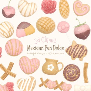 May include: 3D clipart of Mexican Pan Dulce, a traditional sweet bread. The clipart includes various shapes and designs, such as hearts, swirls, and a pig. The colours are pink, white, brown, and yellow.