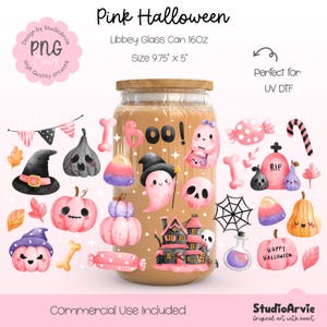 Pink Halloween Libbey Glass Can Wrap PNG | 16oz Cute Ghost Candy Pumpkin Skull Haunted House Pastel Boo Wrap | UV DTF Wrap