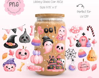 Pink Halloween Libbey Glass Can Wrap PNG | 16oz Cute Ghost Candy Pumpkin Skull Haunted House Pastel Boo Wrap | UV DTF Wrap