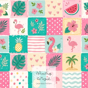 May include: A vibrant seamless pattern with tropical motifs in square blocks. Pink flamingos, pineapples, watermelon slices, and palm trees are set against pink, teal, and yellow backgrounds. The text "studio arvie" and "Seamless Pattern" is visible.