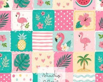 Tropical Summer Patchwork Seamless Pattern, Flamingo Pineapple Beach Patchwork, Tropical Floral Digital Paper, Summer Scrapbook Pattern