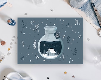 A6 postcard, message in a bottle, Stay Cozy, winter, Winter Wonderland, winter illustration, Christmas, holidays, Christmas cards