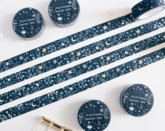 Washi Tape, me and the moon, Starry flowers, 15mm, Universe, Moon Stars Washi Tape, Galaxy, blue, masking tape, bullet journal, milkteadani
