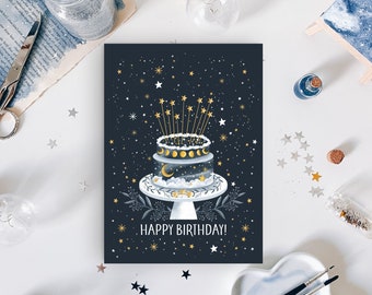 A6 Postkarte, Happy Birthday, Geburtstagspostkarte, Geburtstagskate, Mond Sterne, Kuchen illustration, Geburtstagskuchen, milkteadani