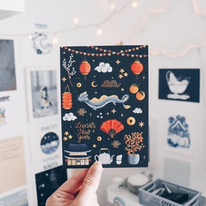 A6 Postkarte, Lunar New Year, Neujahr, Drachen Illustration, Chinesisches Neujahr Dekoration, Kunst, Neujahrsgrußkarte, Sternzeichen