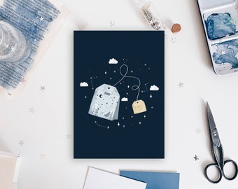 Carte postale A6 - Illustration Positivitea - sachet de thé - constellation d'étoiles - positivité - tirage d'art - illustration - milkteadani
