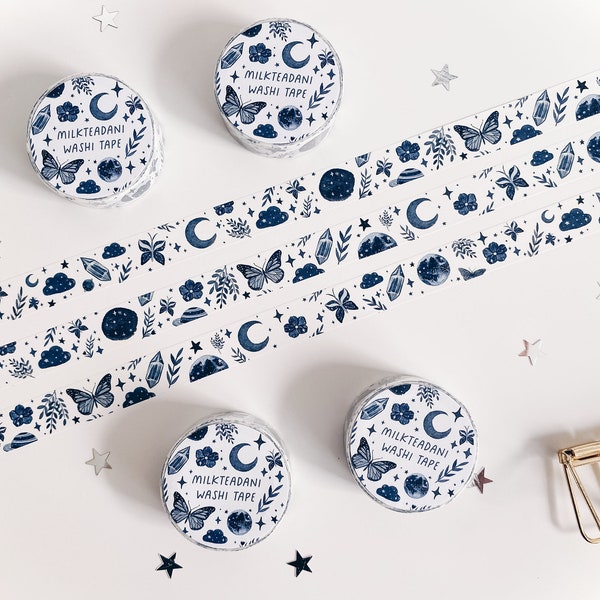 Washi Tape, Indigo Watercolor Magical Things, 15mm, Magical Washi Tape, Stars Moon illustration washi, watercolor washi tape