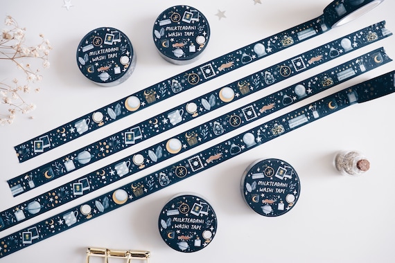 Washi Tape, Celestial Things, 15mm, Universe, Moon Stars Washi Tape,  Clouds, Galaxy, Blue, Masking Tape, Bullet Journal, Milkteadani 