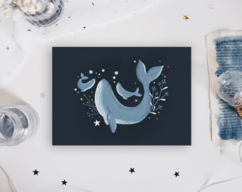 A6 Postcard, Whale Illustration, floral whale illustration, animal postcard whales