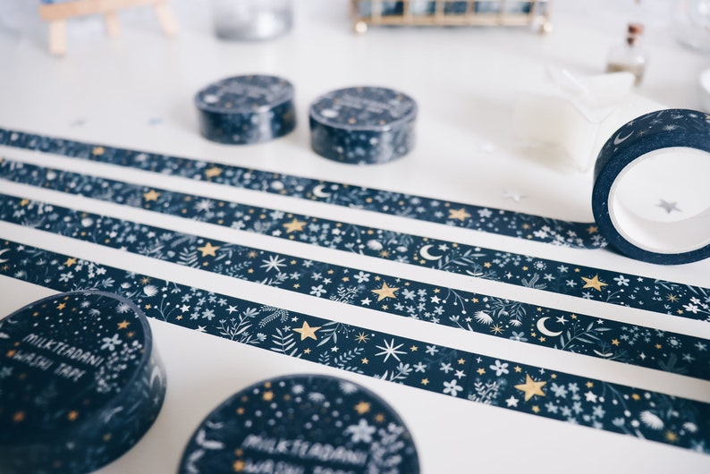 Washi Tape, me and the moon, Starry flowers, 15mm, Universe, Moon Stars Washi Tape, Galaxy, blue, masking tape, bullet journal, milkteadani image 3